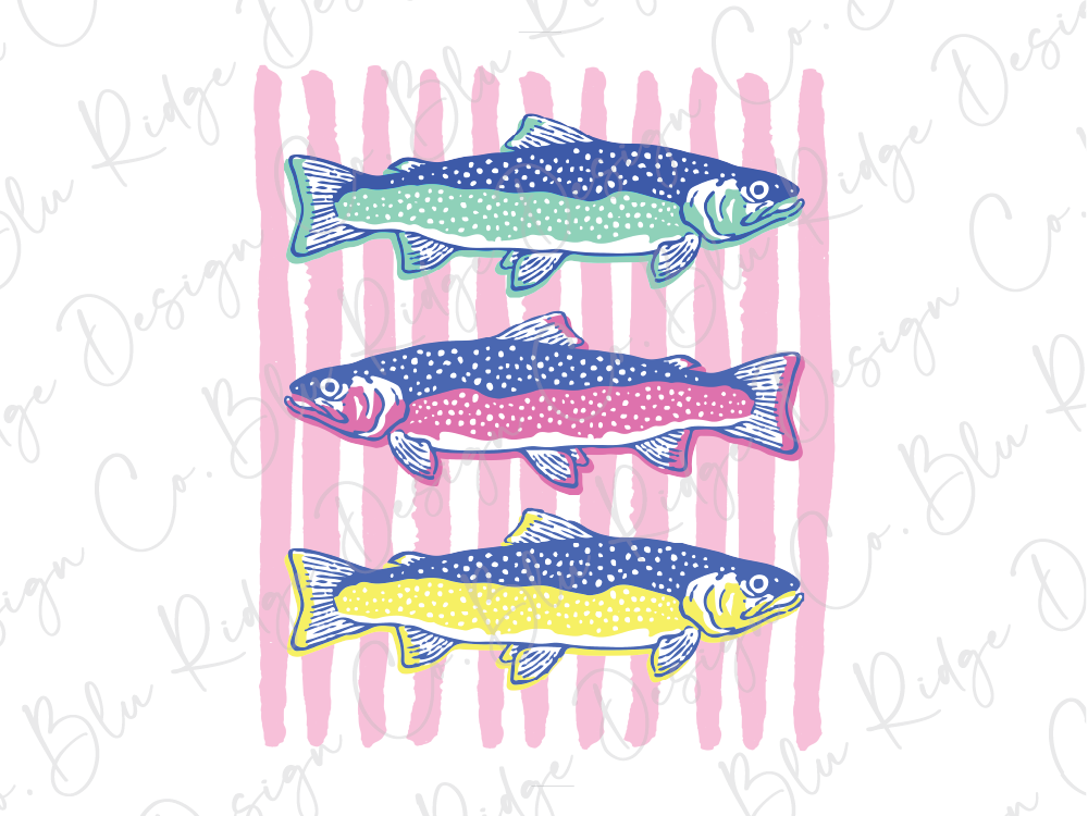 three colorful fish swimming in a row, with each fish displaying a different color and pattern.