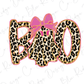 A stylized image featuring the word "BOO" in a leopard print pattern with a pink bow.