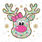 a reindeer with a pink nose and bow