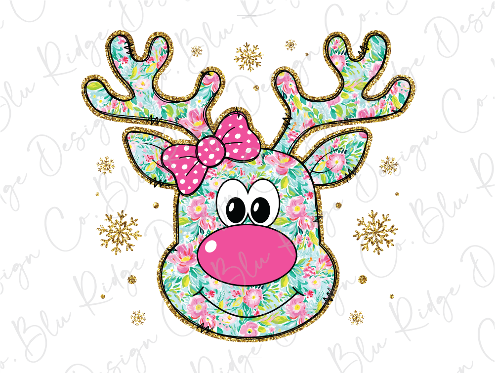 a reindeer with a pink nose and bow