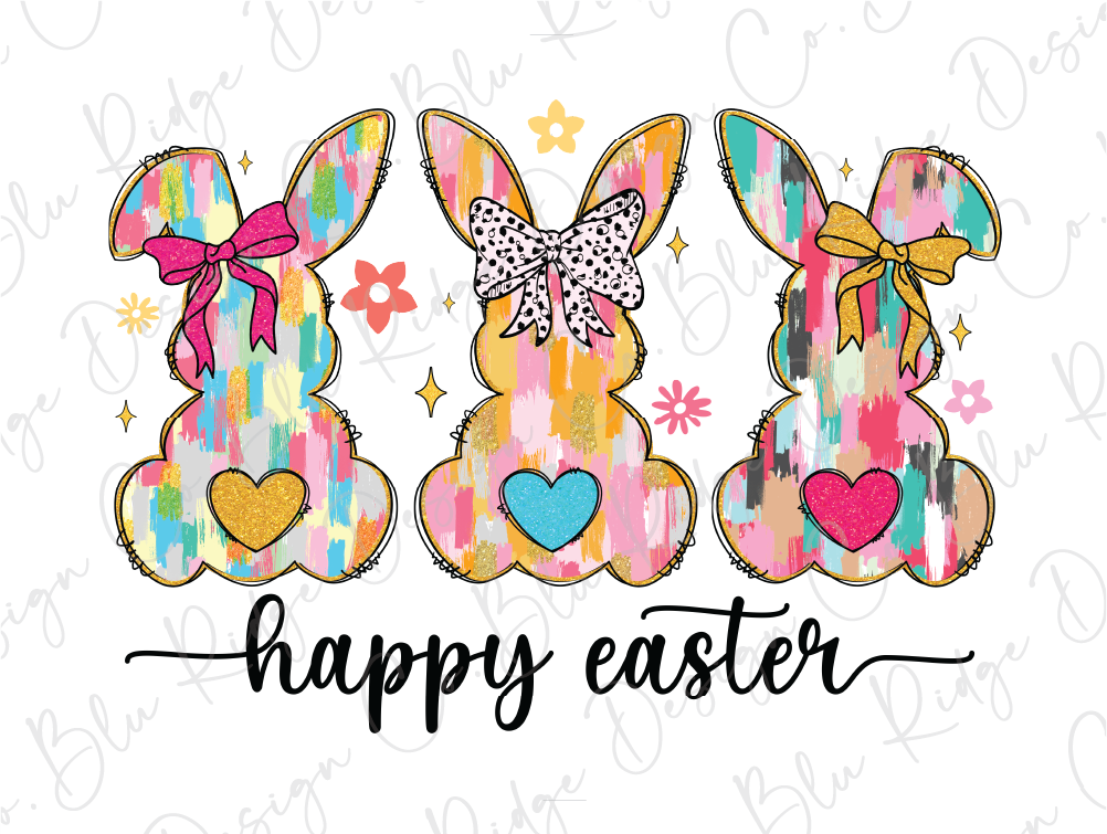 a happy easter card with two bunny ears and a bow