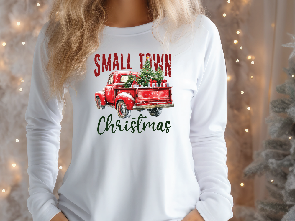 a woman wearing a red truck with a christmas tree on it