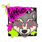 A cartoon wolf wearing sunglasses with checkered stars, surrounded by a pink and green banner with the word "Wolves" written on it.