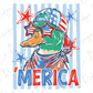 A cartoon duck wearing sunglasses and a hat with stars, surrounded by stars and stripes, with the word "MERICA" written below.