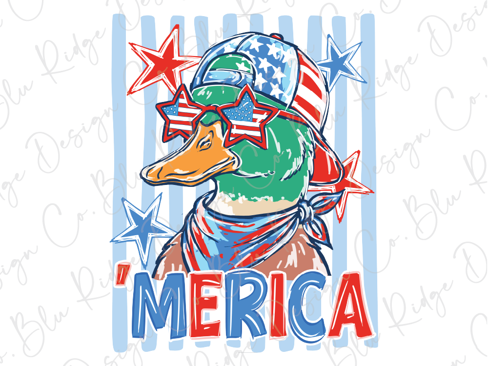 A cartoon duck wearing sunglasses and a hat with stars, surrounded by stars and stripes, with the word "MERICA" written below.