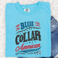 a blue shirt that says, blue collar american next to a pair of denim shorts