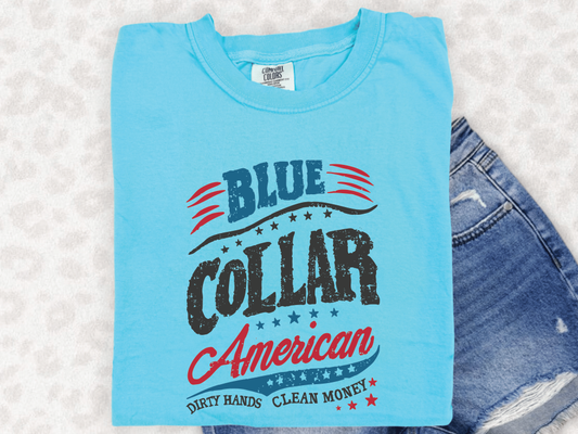 a blue shirt that says, blue collar american next to a pair of denim shorts