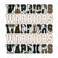 the word "WARRIORS" repeated in various sizes and orientations, creating a visually striking and textured effect.