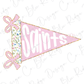 A pink triangular flag with the word "Saints" written on it, along with two pink bows.