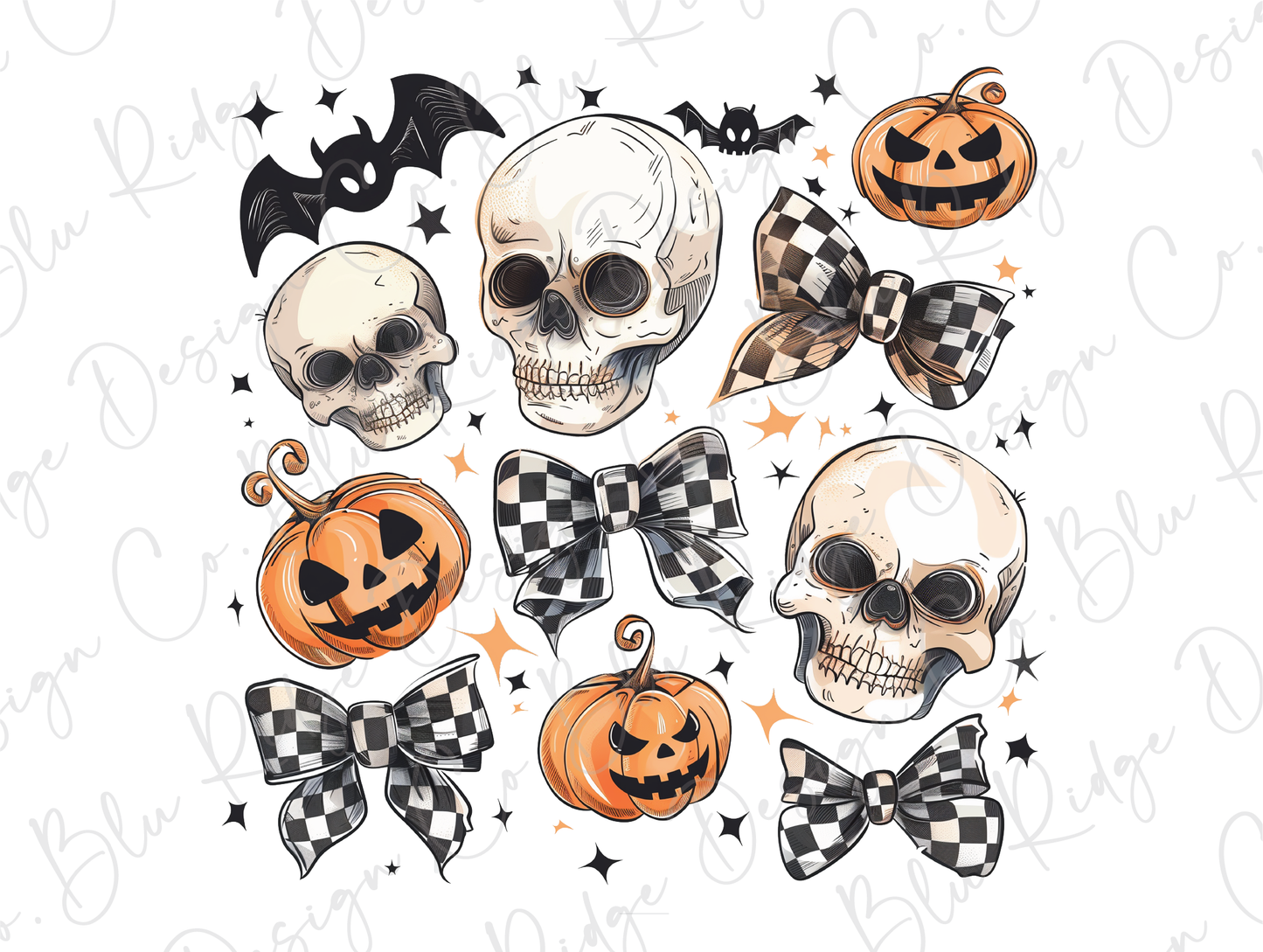 a set of halloween skulls with bows and bats