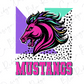 a stylized illustration of a pink and purple horse with a multicolored mane, accompanied by the text "MUSTANGS" in bold, pink letters.