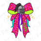 A colorful bow with a knight helmet on it, featuring a pink and green pattern.