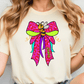 A woman wearing a white t-shirt with a colorful graphic of a bee on it.