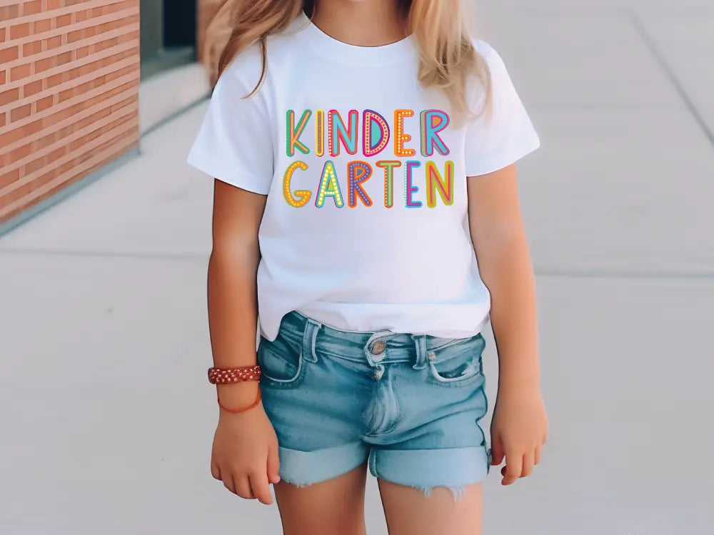 a little girl wearing a white shirt and denim shorts