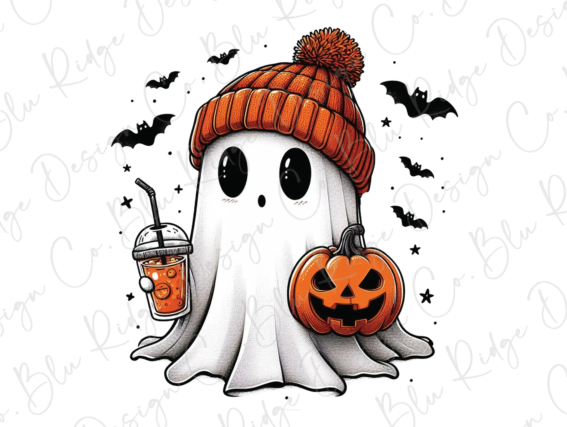 a ghost with a pumpkin and a drink