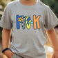 a young boy wearing a gray shirt with the word rock on it