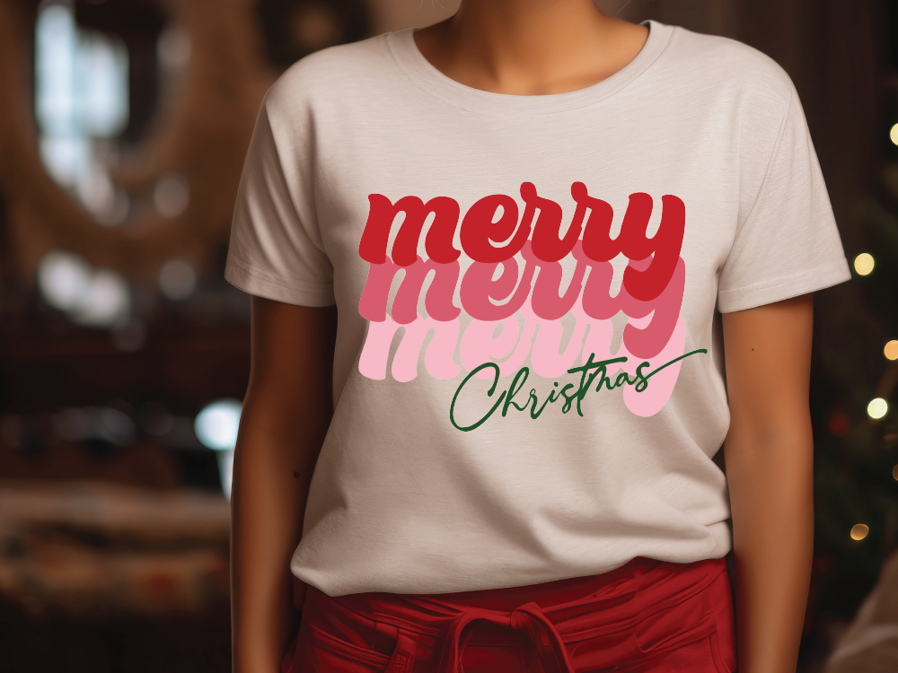 Merry Merry Merry Christmas Colorful Retro Graphic T-Shirt