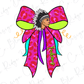 A colorful illustration of a Native American head wearing a headdress, with a large pink bow featuring a leopard print pattern and the word "Indians" written on it.