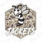 A cartoon bee with a striped body and a camouflage pattern on the background, along with the word "JACKETS" written below it.