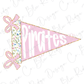 A pink triangular flag with the word "PIRATES" written on it, along with two pink bows.