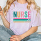 a woman sitting on the floor wearing a nurse t - shirt