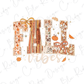 the word "FALL VIBES" with various autumn-themed elements surrounding it, such as leaves, pumpkins, and bows.