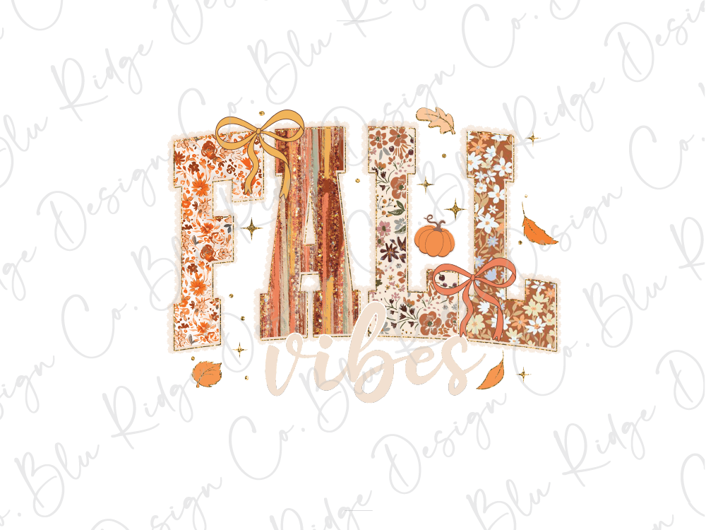 the word "FALL VIBES" with various autumn-themed elements surrounding it, such as leaves, pumpkins, and bows.