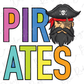 a pirate character with a pirate hat and beard, surrounded by colorful letters spelling out "PIRATES".
