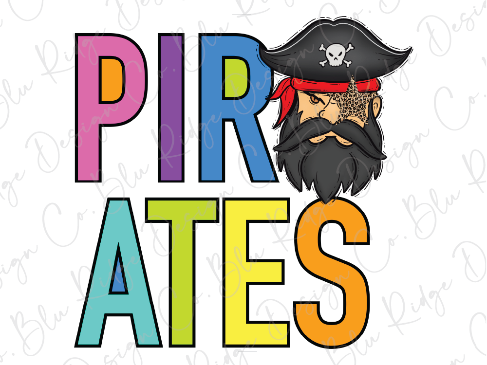 a pirate character with a pirate hat and beard, surrounded by colorful letters spelling out "PIRATES".