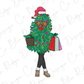 a woman in a christmas tree costume carrying shopping bags