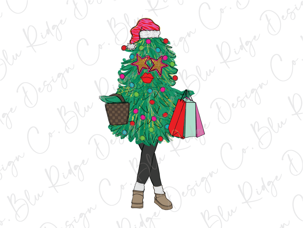 a woman in a christmas tree costume carrying shopping bags