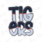 the word "TIGERS" in a stylized, decorative font with blue and orange colors and dotted accents.