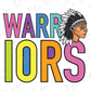 a colorful and stylized representation of the word "WARRIORS" with a Native American headdress or Indian headdress on the right side.