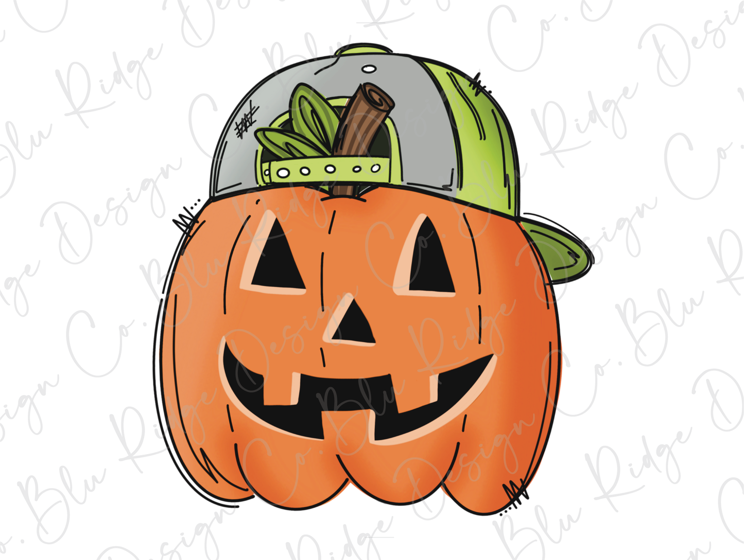 a drawing of a pumpkin wearing a baseball cap