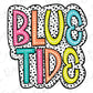 the word blue tidg with polka dots on a white background