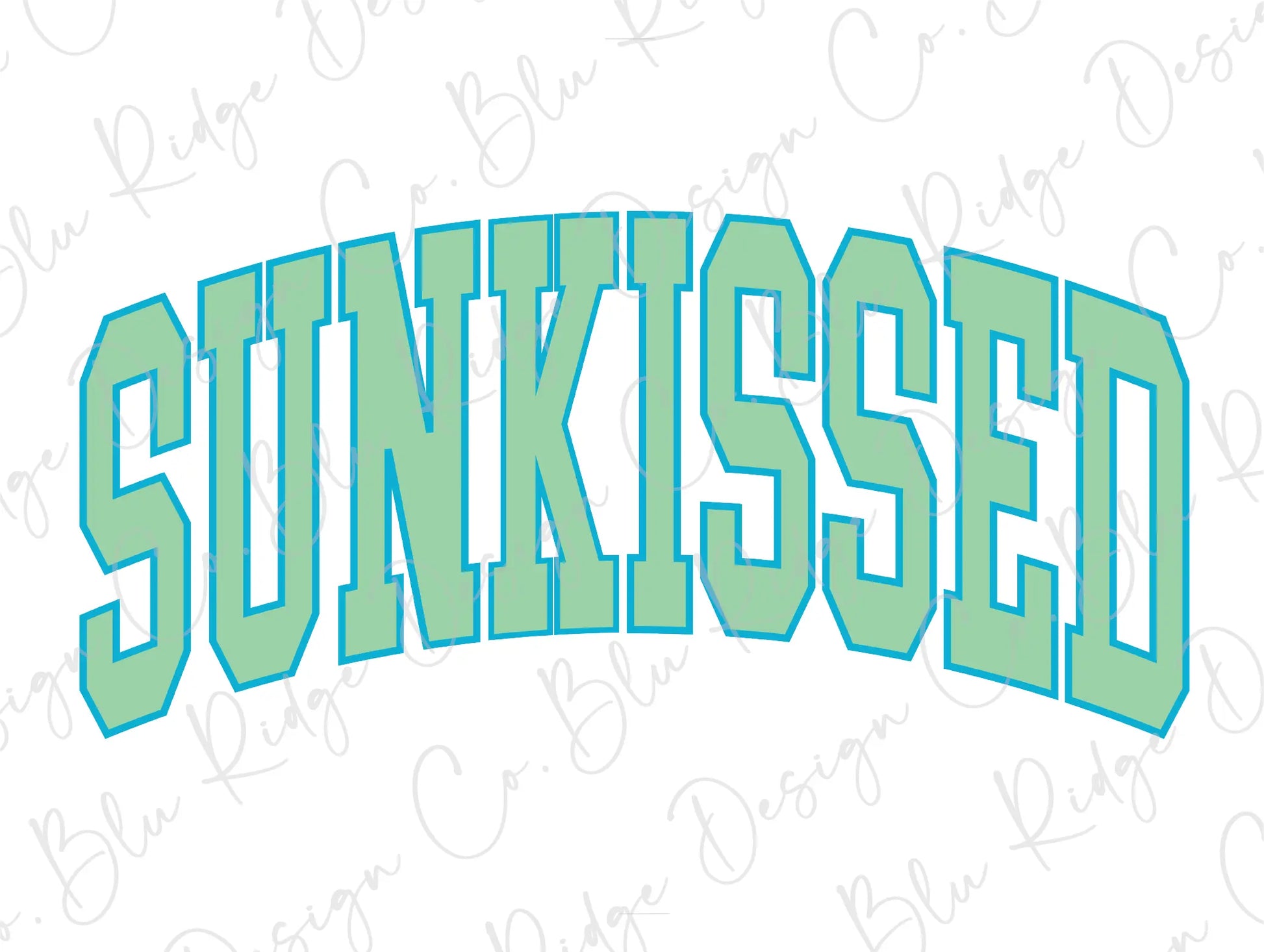 a blue and green sun kissed font on a white background