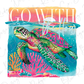 A colorful illustration of a sea turtle swimming in the ocean, with a sunset in the background.