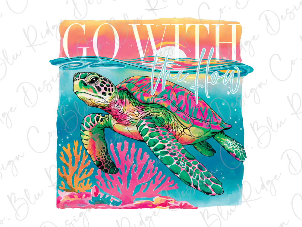 A colorful illustration of a sea turtle swimming in the ocean, with a sunset in the background.