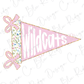 A pink triangular flag with the word "Wildcats" written on it, along with two pink bows.