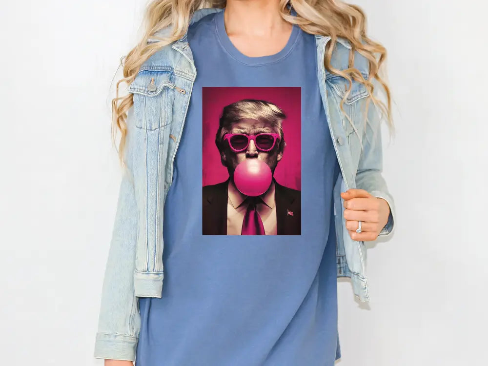 a woman wearing a t - shirt with a picture of a man blowing a bubble