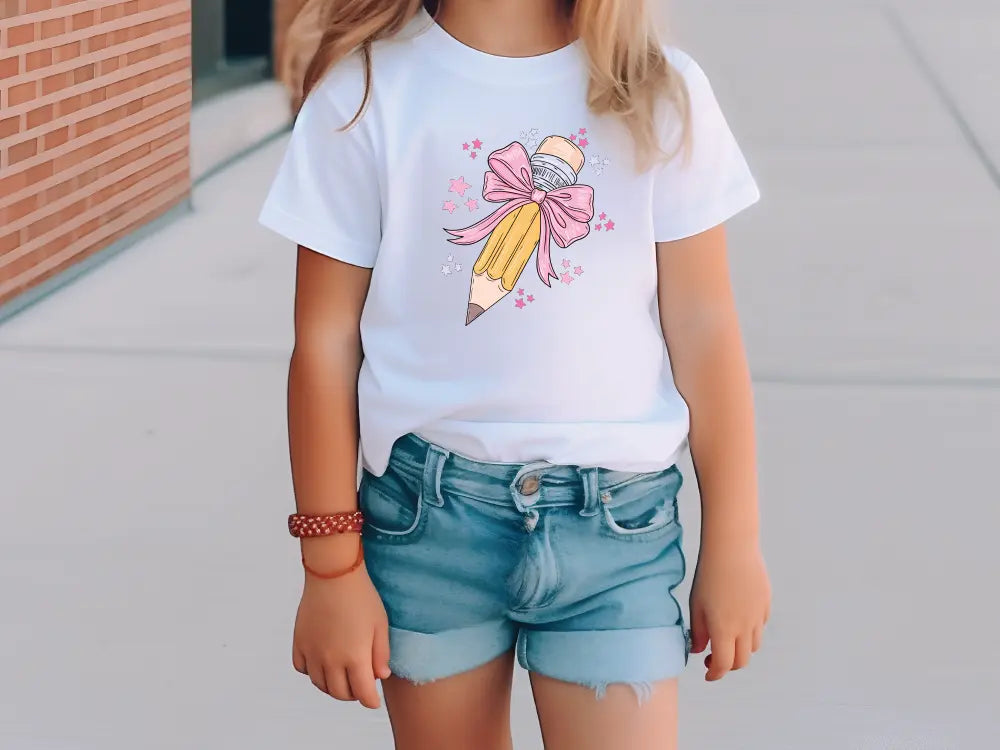 a little girl wearing a white shirt and denim shorts