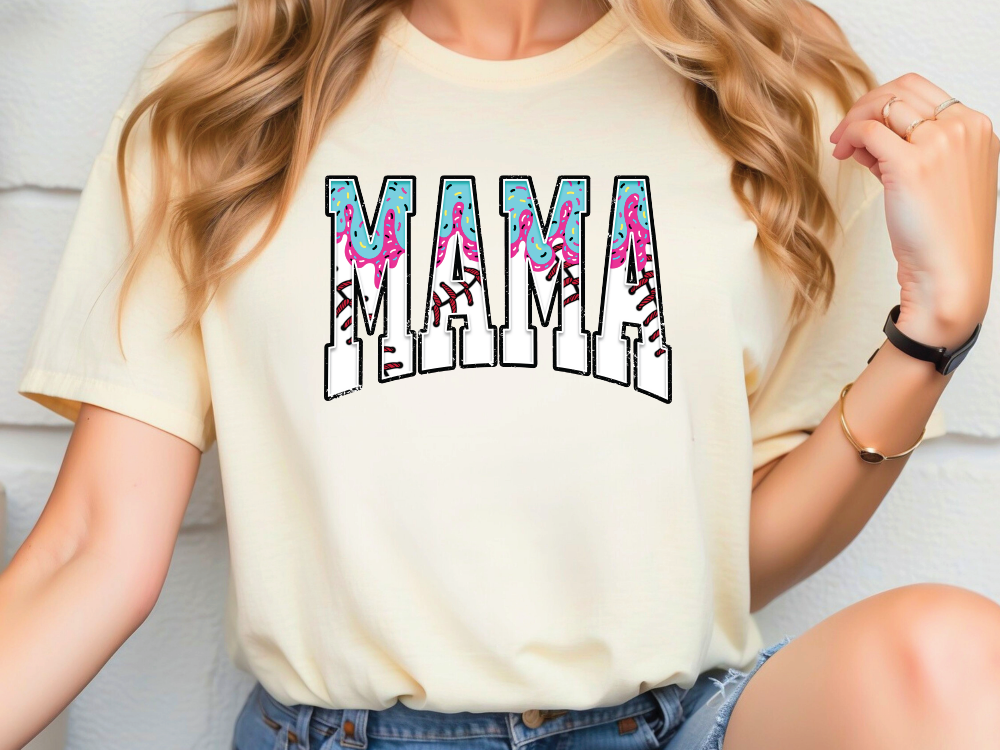 a woman wearing a t - shirt with the word mama printed on it