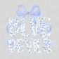 the word "BLUE DEVILS" written in a stylized, floral-patterned font, with a blue ribbon bow above it.