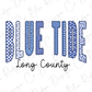 the text "BLUE TIDE Long County" in a stylized font, with the word "BLUE" in a checkered pattern and "TIDE" in a striped pattern. The text is arranged in a way that it appears to be part of a larger design or collage, with the word "BLUE" and "TIDE" being the most prominent elements.