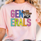 A woman wearing a pink t-shirt with the text "GENERALS" and a cartoon character on it.