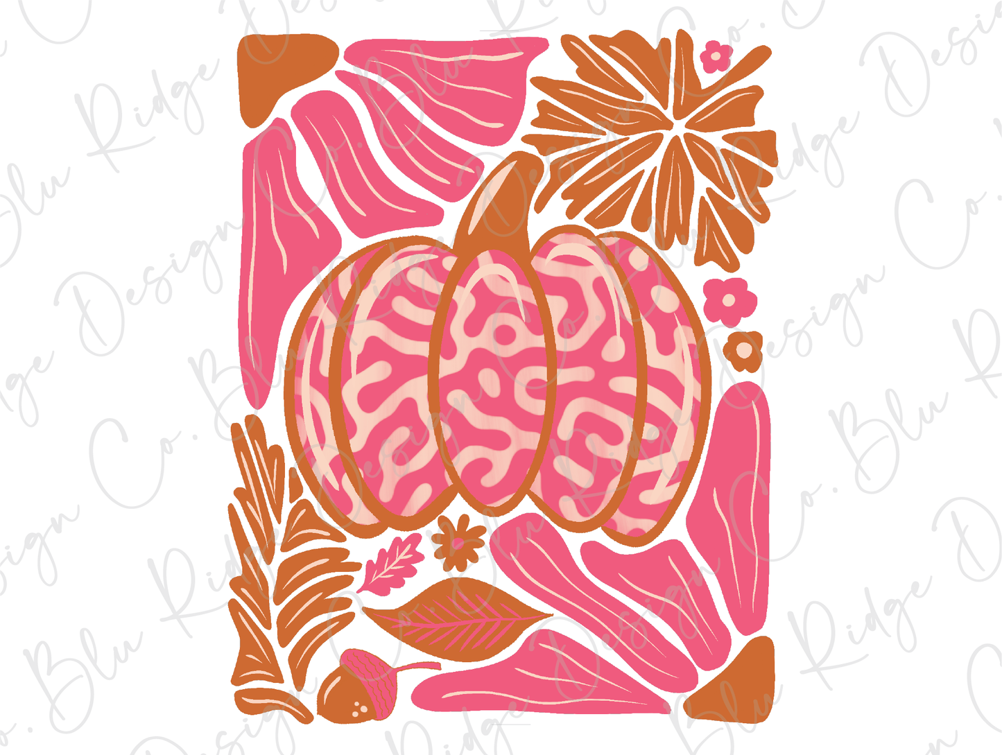 a pink and orange pumpkin surrounded by leaves and flowers