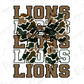 A camouflage bow with the word "LIONS" written in a stylized font.