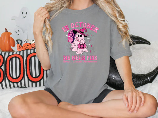 In October We Wear Pink Breast Cancer Awareness Halloween Ghost Graphic T-Shirt