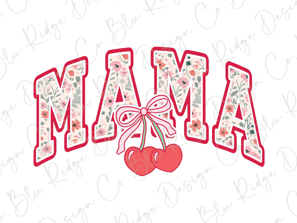 the word mama with two hearts and a bow