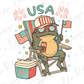 a frog sitting in a lawn chair with a cooler